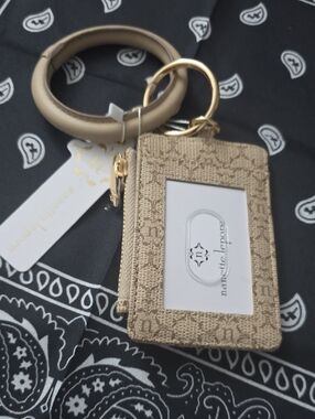 Nanette Lepore Beige Monogram Wristlet Cardholder Keyring